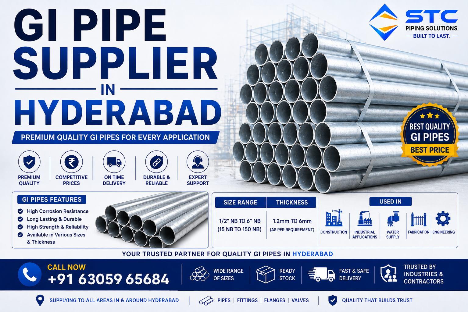 Corrosion Resistant Galvanized Iron GI Pipes Inventory Hyderabad
