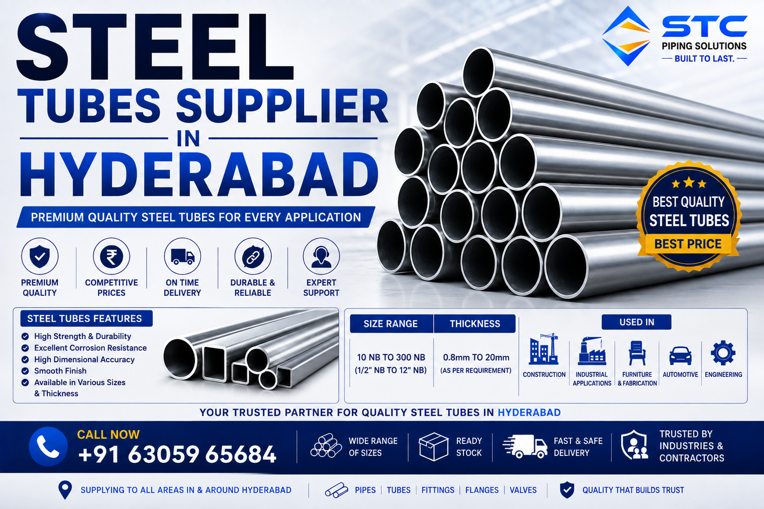 High Grade Industrial Steel Tubes Stock Hyderabad